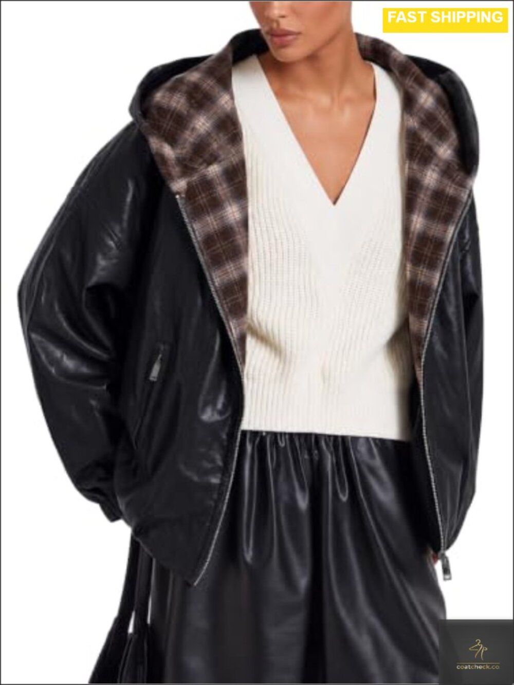Faux Leather Cropped Hooded Moto Jacket Plaid Lined Zip Coat